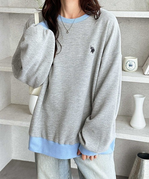 U.S. POLO ASSN.（ユーエスポロアッスン）の「GeeRA別注【U.S.POLOASSN.】オーバーサイズワッフルトップス（Tシャツ/カットソー・レディース・ネイビー/ライトピンク/杢グレー・MEDIUM/X-LARGE/LARGE）」の5枚目の写真