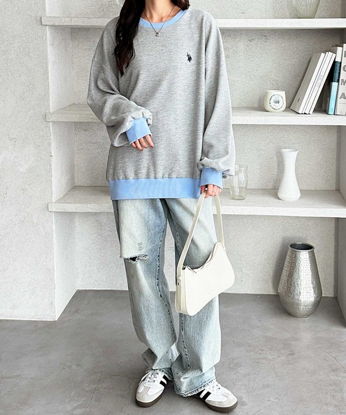 U.S. POLO ASSN.（ユーエスポロアッスン）の「GeeRA別注【U.S.POLOASSN.】オーバーサイズワッフルトップス（Tシャツ/カットソー・レディース・ネイビー/ライトピンク/杢グレー・MEDIUM/X-LARGE/LARGE）」の7枚目の写真