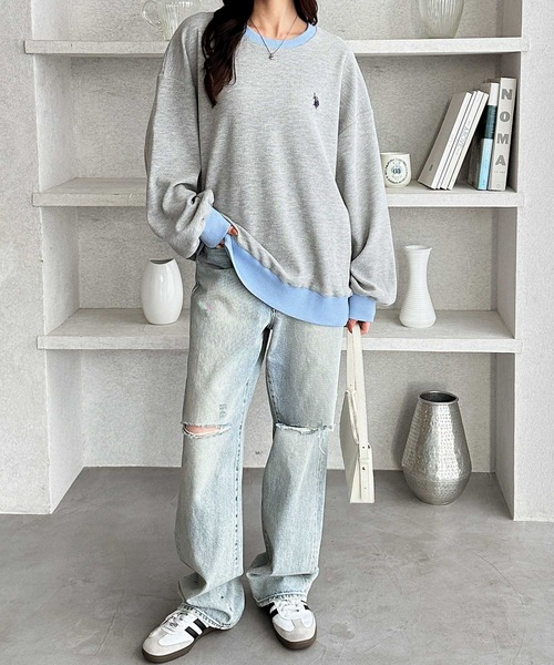 U.S. POLO ASSN.（ユーエスポロアッスン）の「GeeRA別注【U.S.POLOASSN.】オーバーサイズワッフルトップス（Tシャツ/カットソー・レディース・ネイビー/ライトピンク/杢グレー・MEDIUM/X-LARGE/LARGE）」の8枚目の写真