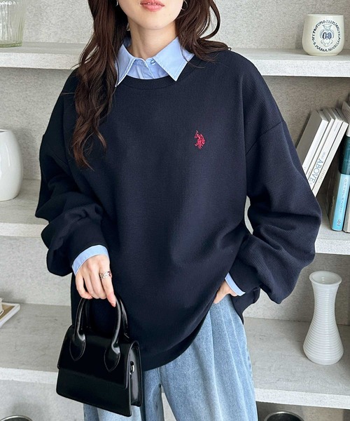 U.S. POLO ASSN.（ユーエスポロアッスン）の「GeeRA別注【U.S.POLOASSN.】オーバーサイズワッフルトップス（Tシャツ/カットソー・レディース・ネイビー/ライトピンク/杢グレー・MEDIUM/X-LARGE/LARGE）」の9枚目の写真