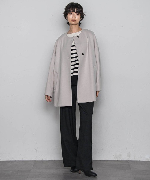 セール】ライトジャージメルトンノーカラーミドルコート（ノーカラー