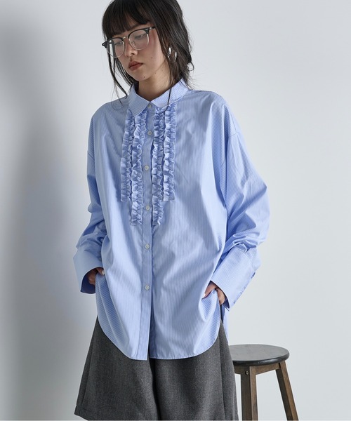 フリルアクセントロングカフストライプシャツ（シャツ/ブラウス）｜THE