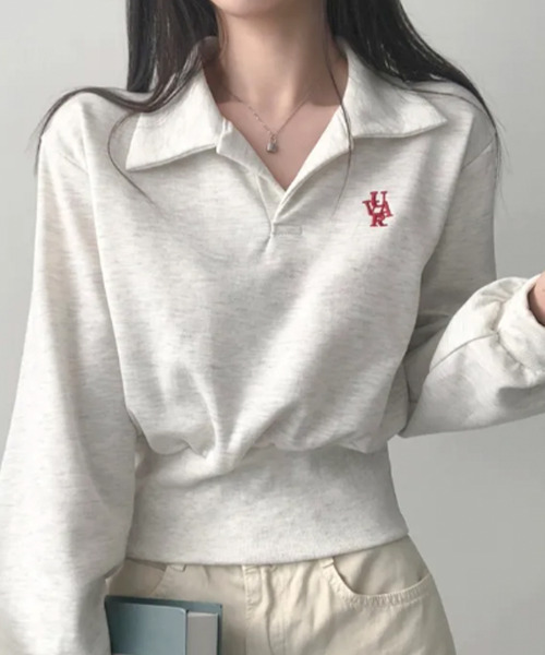 VIVID LADY(ビビッドレディー)の「Vネック 襟付き ショート丈 スウェット(スウェット・レディース・ネイビー/ライトグレー/グレー/ライトベージュ・FREE)」の1枚目の写真