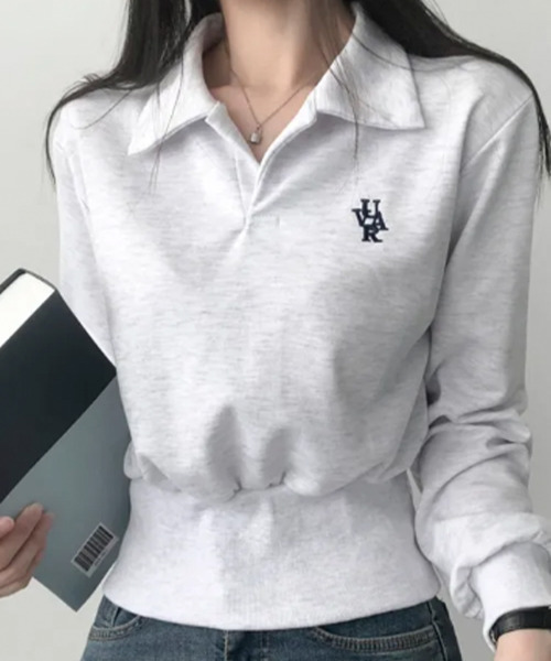 VIVID LADY(ビビッドレディー)の「Vネック 襟付き ショート丈 スウェット(スウェット・レディース・ネイビー/ライトグレー/グレー/ライトベージュ・FREE)」の9枚目の写真