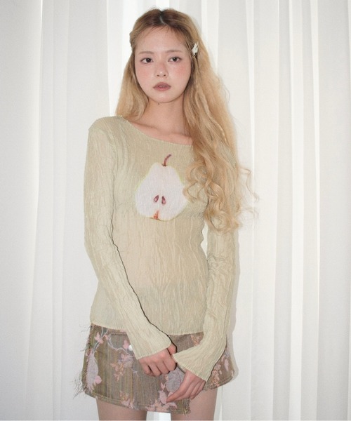 musubore(ムスボレ)の「pleatsed print sheer tops / プリーツプリントトップス(Tシャツ/カットソー・レディース・グレー/ライトグリーン・FREE)」の2枚目の写真