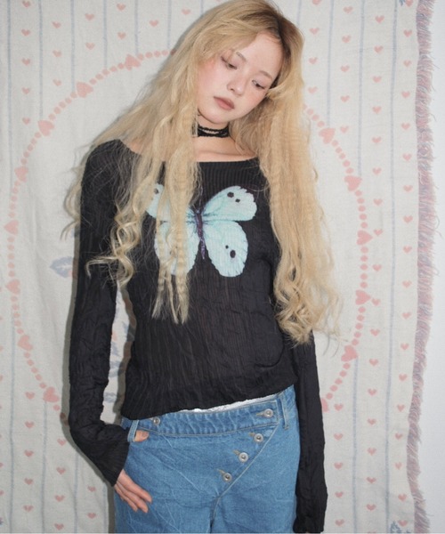 pleatsed print sheer tops / プリーツプリントトップス（Tシャツ
