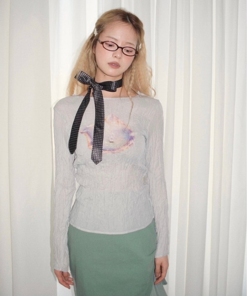 pleatsed print sheer tops / プリーツプリントトップス（Tシャツ