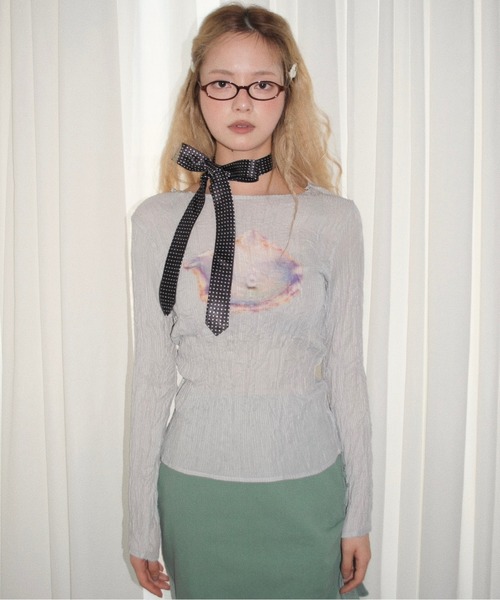 【新品未使用/タグ付き】プリーツプリントトップス musubore pleatsed print sheer tops / プリーツプリントトップス（Tシャツ