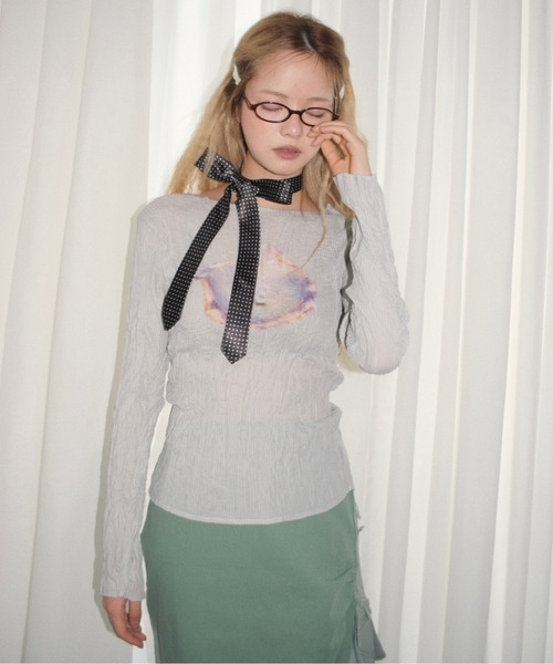 pleatsed print tops プリーツプリントトップス　リボン musubore（ムスボレ） tシャツ pleatsed print sheer tops / プリーツ