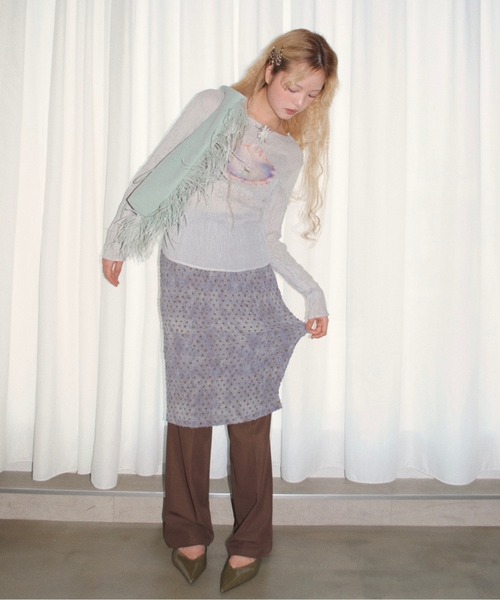 pleatsed print tops プリーツプリントトップス　リボン musubore（ムスボレ） tシャツ pleatsed print sheer tops / プリーツ