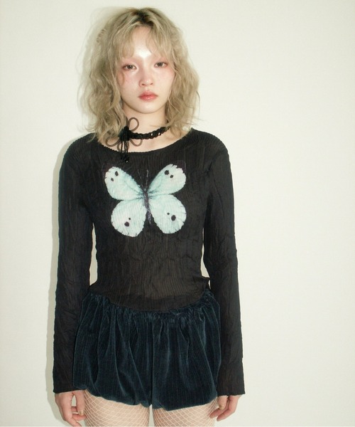 pleatsed print sheer tops / プリーツプリントトップス（Tシャツ