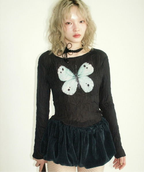 【新品未使用/タグ付き】プリーツプリントトップス musubore pleatsed print sheer tops / プリーツプリントトップス（Tシャツ