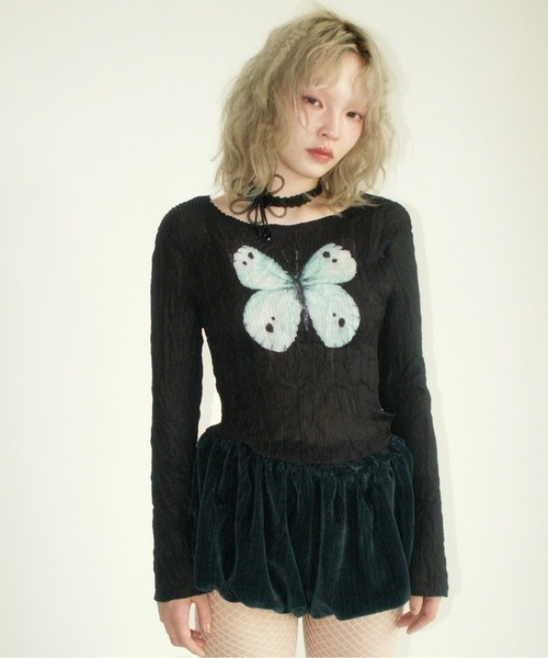 pleatsed print sheer tops / プリーツプリントトップス（Tシャツ