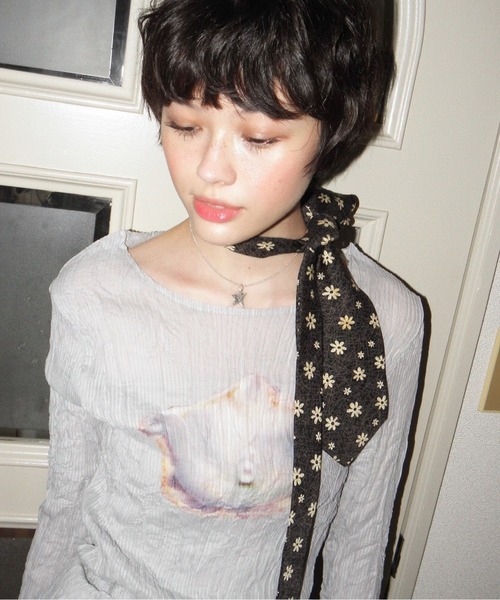 pleatsed print sheer tops / プリーツプリントトップス（Tシャツ