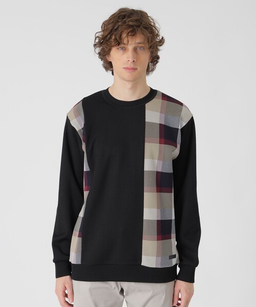 チェックニットドッキングスウェットシャツ（スウェット）｜BLACK