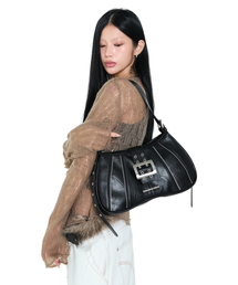Zippered Buckle Hobo Bag (Black)