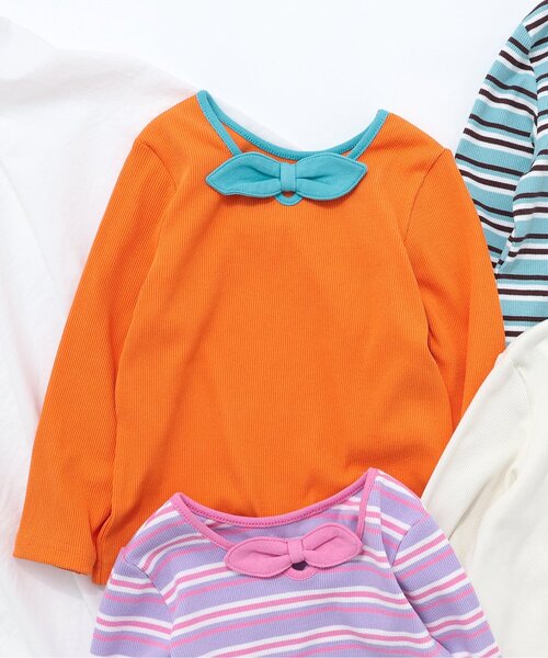 apres les cours（アプレレクール）の「【前後2WAY/リンク】リボンリブTシャツ_ジュニア対応（Tシャツ/カットソー・キッズ・オレンジ/ミント/ラベンダー/アイボリー・140/130/120/110/100/90/80）」の4枚目の写真