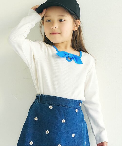 apres les cours（アプレレクール）の「【前後2WAY/リンク】リボンリブTシャツ_ジュニア対応（Tシャツ/カットソー・キッズ・オレンジ/ミント/ラベンダー/アイボリー・140/130/120/110/100/90/80）」の2枚目の写真