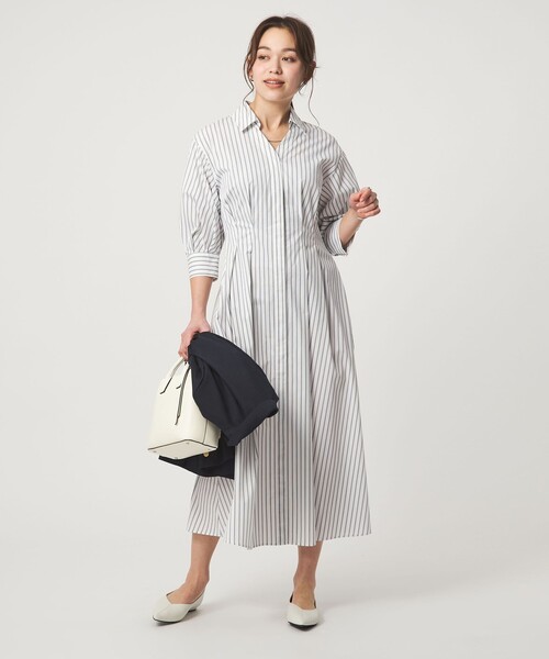 セール】シャツ襟 フィット＆フレア タック 5分袖 ワンピース