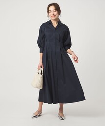 シャツ襟 フィット&フレア タック 5分袖 ワンピース