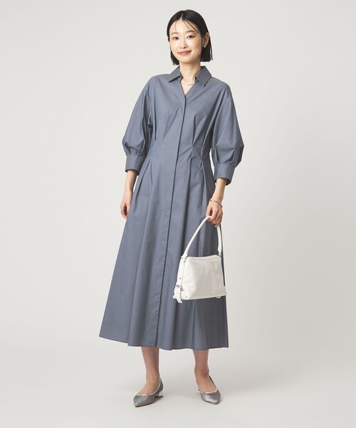 シャツ襟 フィット＆フレア タック 5分袖 ワンピース（ワンピース