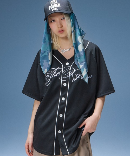 X-girl（エックスガール）の「SCRIPT LOGO BASEBALL SHIRT（シャツ/ブラウス・レディース・グレー/ブラック・S/M）」の2枚目の写真