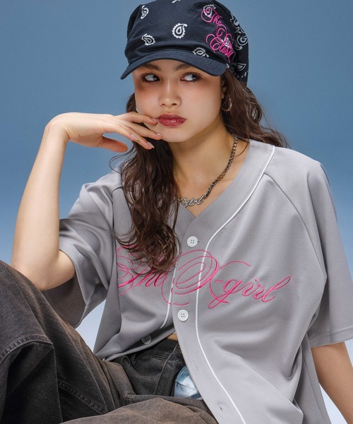 X-girl（エックスガール）の「SCRIPT LOGO BASEBALL SHIRT（シャツ/ブラウス・レディース・グレー/ブラック・S/M）」の4枚目の写真
