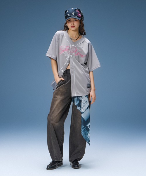 X-girl（エックスガール）の「SCRIPT LOGO BASEBALL SHIRT（シャツ/ブラウス・レディース・グレー/ブラック・S/M）」の6枚目の写真