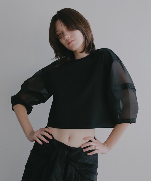 MANOF（マノフ）の「SHEER SLEEVES CUT TOPS（Tシャツ/カットソー・レディース・ブラック/ホワイト・F）」の2枚目の写真