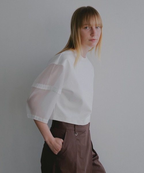 MANOF（マノフ）の「SHEER SLEEVES CUT TOPS（Tシャツ/カットソー・レディース・ブラック/ホワイト・F）」の5枚目の写真