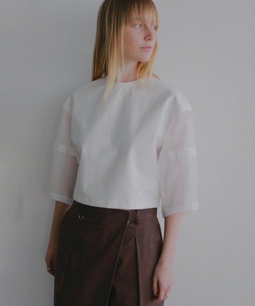 MANOF（マノフ）の「SHEER SLEEVES CUT TOPS（Tシャツ/カットソー・レディース・ブラック/ホワイト・F）」の4枚目の写真