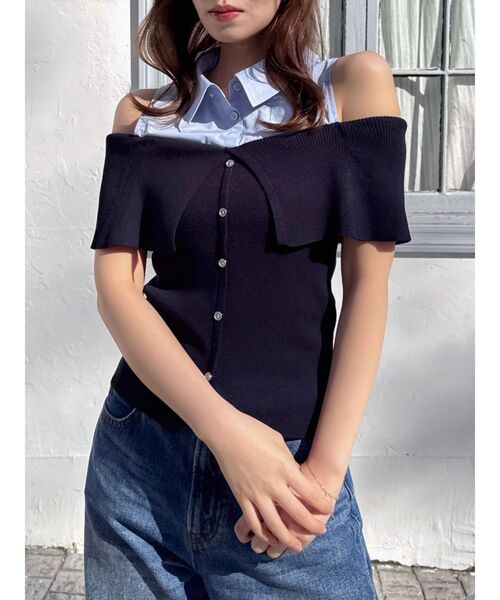 dazzlin(ダズリン)の「シャツレイヤードオフショルニットトップス(ニット/セーター・レディース・アイボリー/ネイビー/ピンク・FREE)」の3枚目の写真