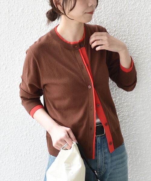 SHIPS Colors(シップス カラーズ)の「SHIPS Colors:〈手洗い可能〉配色 ニット クルーネック カーディガン◇(カーディガン/ボレロ・レディース・ネイビー/ブラウン/ナチュラル・ONE SIZE)」の9枚目の写真