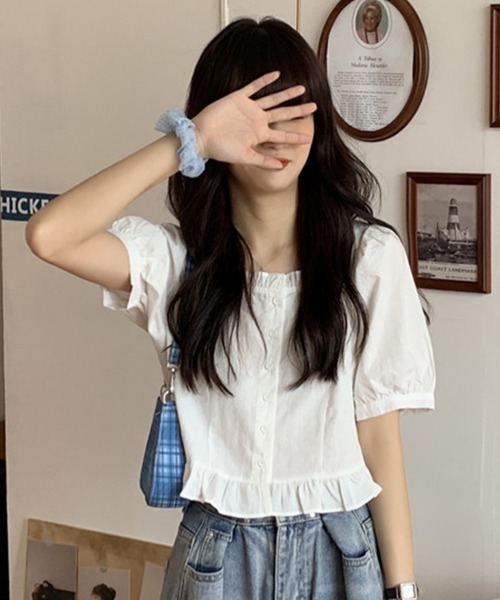 Flugge(フラッジー)の「フリル半袖シャツブラウス(シャツ/ブラウス・レディース・ホワイト/ピンク・LARGE/MEDIUM)」の1枚目の写真