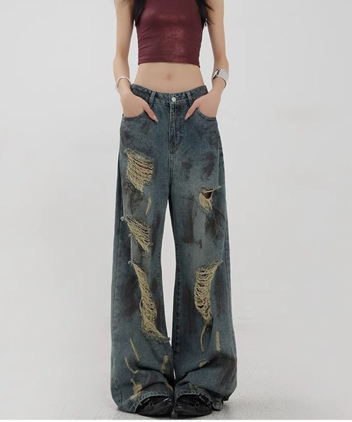 WESTSEA(ウエストシー)の「ダメージデニムパンツ ルーズシルエット ヴィンテージ加工 クラッシュデニム(デニムパンツ・レディース・ブルー・M/L)」の3枚目の写真