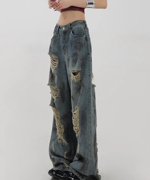 WESTSEA(ウエストシー)の「ダメージデニムパンツ ルーズシルエット ヴィンテージ加工 クラッシュデニム(デニムパンツ・レディース・ブルー・M/L)」の5枚目の写真