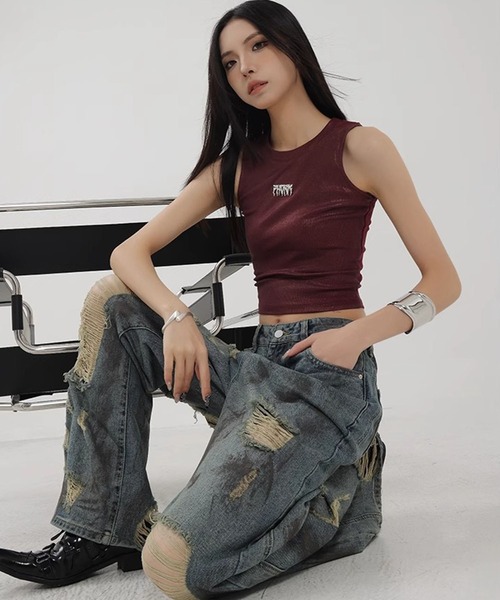 WESTSEA(ウエストシー)の「ダメージデニムパンツ ルーズシルエット ヴィンテージ加工 クラッシュデニム(デニムパンツ・レディース・ブルー・M/L)」の7枚目の写真