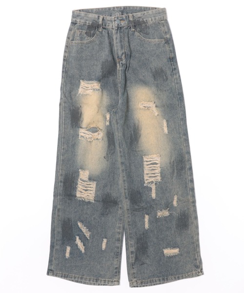 WESTSEA(ウエストシー)の「ダメージデニムパンツ ルーズシルエット ヴィンテージ加工 クラッシュデニム(デニムパンツ・レディース・ブルー・M/L)」の9枚目の写真