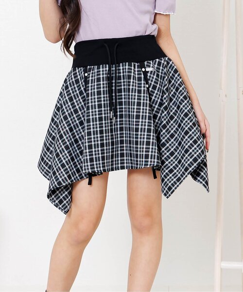 algy(アルジー)の「アシメヘムチェックスカパン(スカート・キッズ・ブラック/グレー/サックスブルー・140/130/160/150)」の1枚目の写真