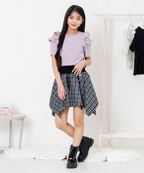 algy(アルジー)の「アシメヘムチェックスカパン(スカート・キッズ・ブラック/グレー/サックスブルー・140/130/160/150)」の6枚目の写真