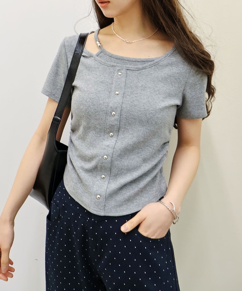 SpRay(スプレイ)の「【こなれ感UP/アシメデザイン】テレコレイヤードアシメショートスリーブTシャツ(Tシャツ/カットソー・レディース・ホワイト/ブラック/グレー/サックスブルー/イエロー・MEDIUM/LARGE)」の10枚目の写真