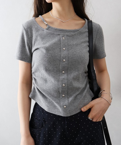 SpRay(スプレイ)の「【こなれ感UP/アシメデザイン】テレコレイヤードアシメショートスリーブTシャツ(Tシャツ/カットソー・レディース・ホワイト/ブラック/グレー/サックスブルー/イエロー・MEDIUM/LARGE)」の8枚目の写真