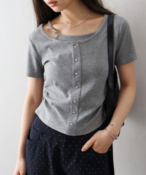 SpRay(スプレイ)の「【こなれ感UP/アシメデザイン】テレコレイヤードアシメショートスリーブTシャツ(Tシャツ/カットソー・レディース・ホワイト/ブラック/グレー/サックスブルー/イエロー・MEDIUM/LARGE)」の7枚目の写真