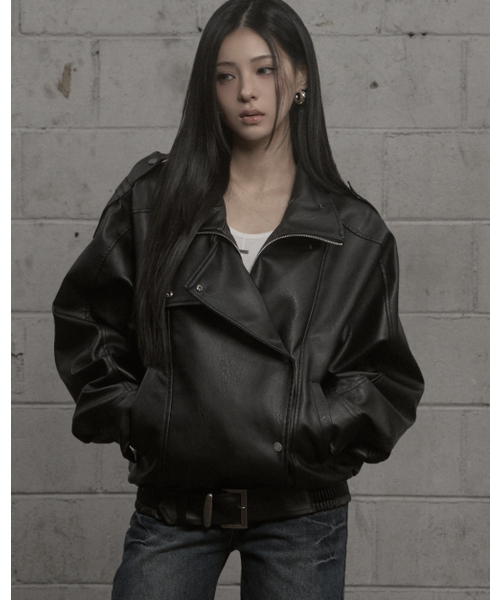 セール】Structured High-Neck Leather Jacket (black)（ライダース