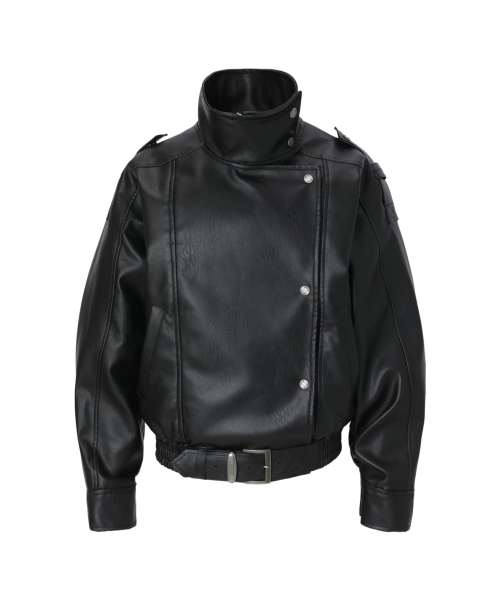 セール】Structured High-Neck Leather Jacket (black)（ライダース
