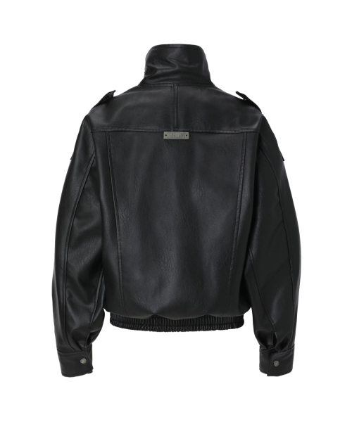 セール】Structured High-Neck Leather Jacket (black)（ライダース