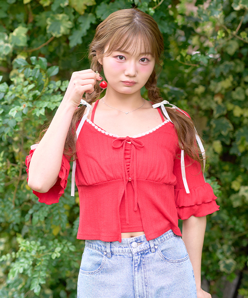 Mi-je(ミジェ)の「フリルスリーブカットカーデセット(Tシャツ/カットソー・レディース・カラフル/レッド・F)」の10枚目の写真