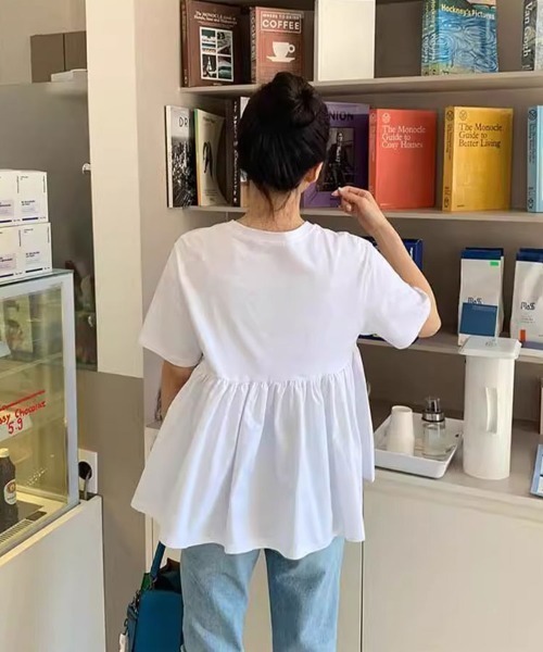 mielu（ミエル）の「ギャザー切り替えペプラムTシャツ（Tシャツ/カットソー・レディース・ブラック/ホワイト・LARGE/MEDIUM）」の8枚目の写真
