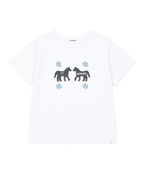 OHESHIO（オヘシオ）の「TWIN PONY CROP T-SHIRT, WHITE（Tシャツ/カットソー・レディース・その他・FREE）」の6枚目の写真
