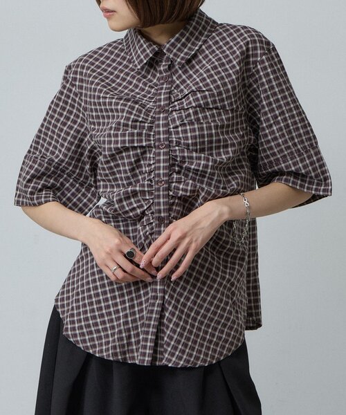 goocy(グーシー)の「フロントギャザーシャツ(シャツ/ブラウス・レディース・ブラック系その他/ブラウン/ホワイト/ブルー系その他/ブラック・FREE)」の4枚目の写真